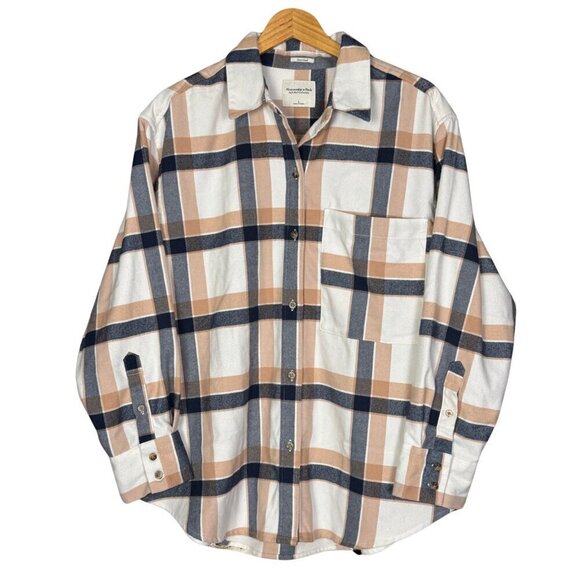 Abercrombie & Fitch Oversized Plaid Button-Up Shirt in Neutral Beige and Navy - Picture 1 of 8